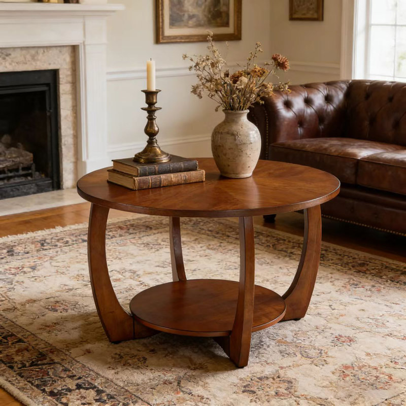 Table basse ronde de style moderne Mid-Century avec tablette de rangement amovible, table basse tambour en bois de 29,5 po avec plateau en incrustation de placage pour le salon LUMera, petits espaces