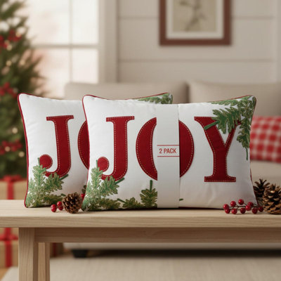 Coussin décoratif de Noël brodé JOY – Coussin lombaire en velours rouge et blanc avec accents verts, 35,5 x 51 cm (14 x 20 po), orné de broderies de Noël, lot de 2