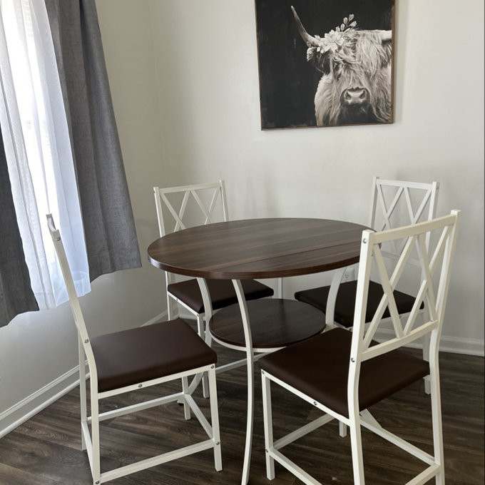 5 Pieces 35.4’’ Transitional Style Round Dining Table Set, Extendable Folding Kitchen Dining Table Set For 4 With 4 PU Upholstered Dining Chairs - Natural