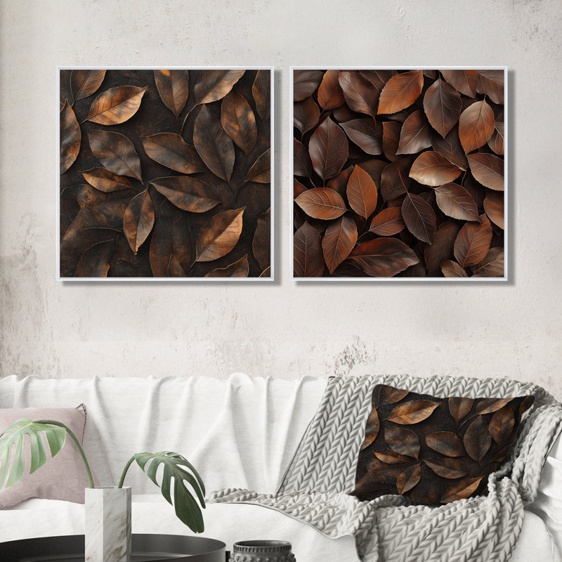 «Brown Sable Leaves I» - décoration murale feuilles - art mural traditionnel 2 pièces, Cadre flottant, H 30 po x l 61 po