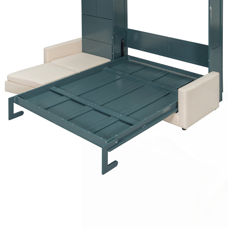 Grand lit escamotable avec canapé et tablettes, conception compacte pour un style de vie compact et confortable, Vert