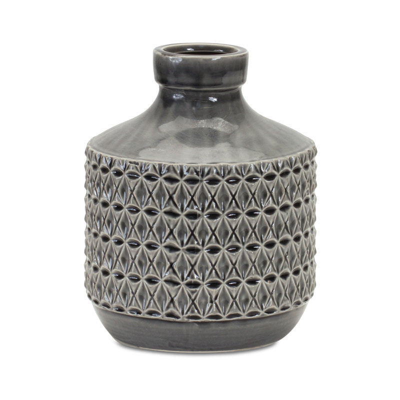 Gray Geometric Cylinder Terracotta Table Vase, 10" H x 6.5" W x 6.5" D