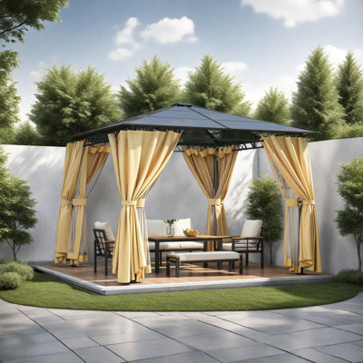Pavillon de jardin avec toit rigide en polycarbonate, pavillon de patio avec cadre en aluminium, moustiquaire et écrans d'intimité pour l'ombre et la pluie, tente de jardin pour la cour, le jardin, la pelouse