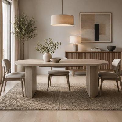 Dining Table, Oval Shape, Double Pedestal, Solid & Engineered Wood, Half-Moon Legs, Vertical Grooves, Natural Grain Finish, Fits Up To Six People