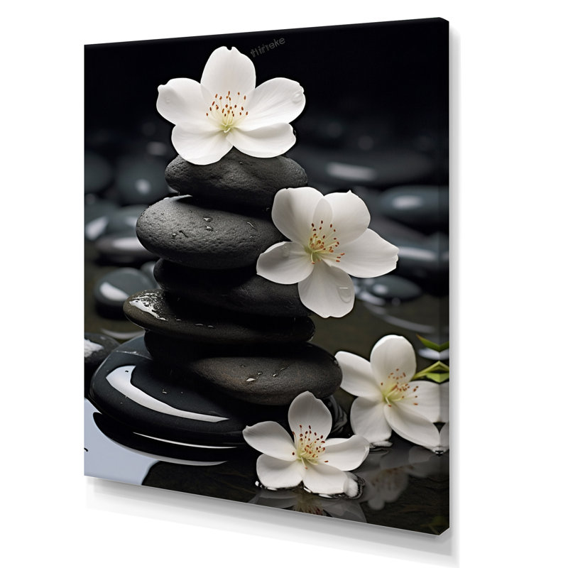 Zen Zen Serenity fleurs blanches pierre noire Cairn - impressions spirituelles sur pierre, H 44 po x l 34 po, Toile tendue