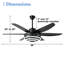 Ventilateur de plafond 56 po noir mat moderne avec lumière DEL réglable tricolore et vitesse du ventilateur avec télécommande