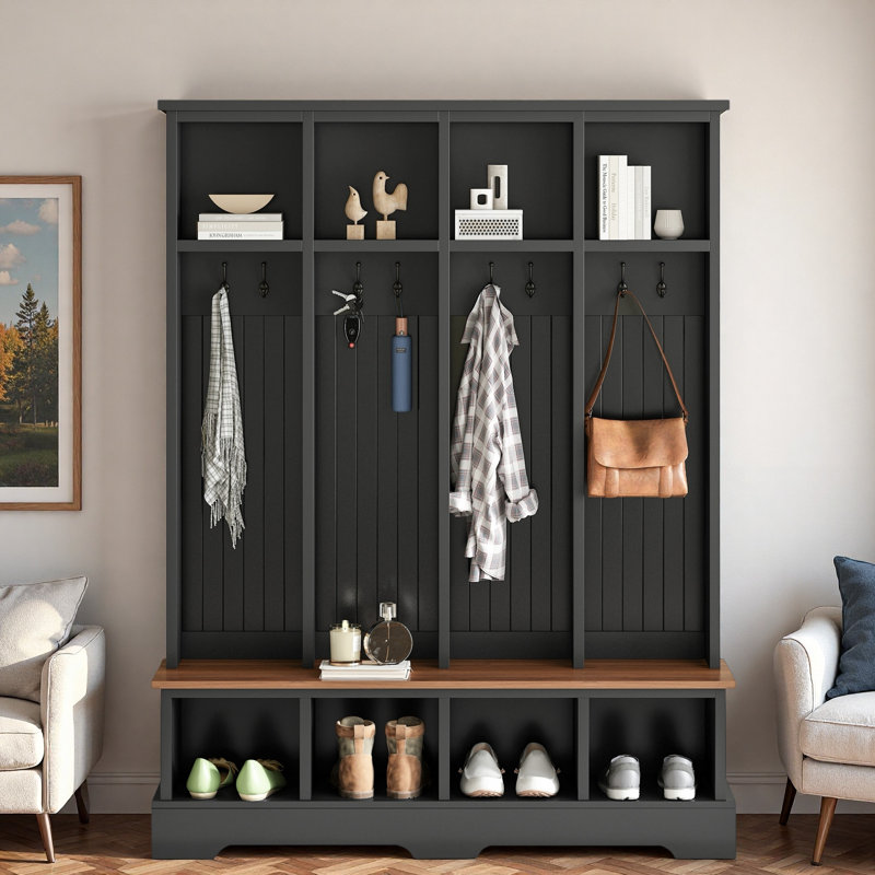 Farmhouse Wide Hall Tree With 8 Hooks, Bench And Open Compartments, Black