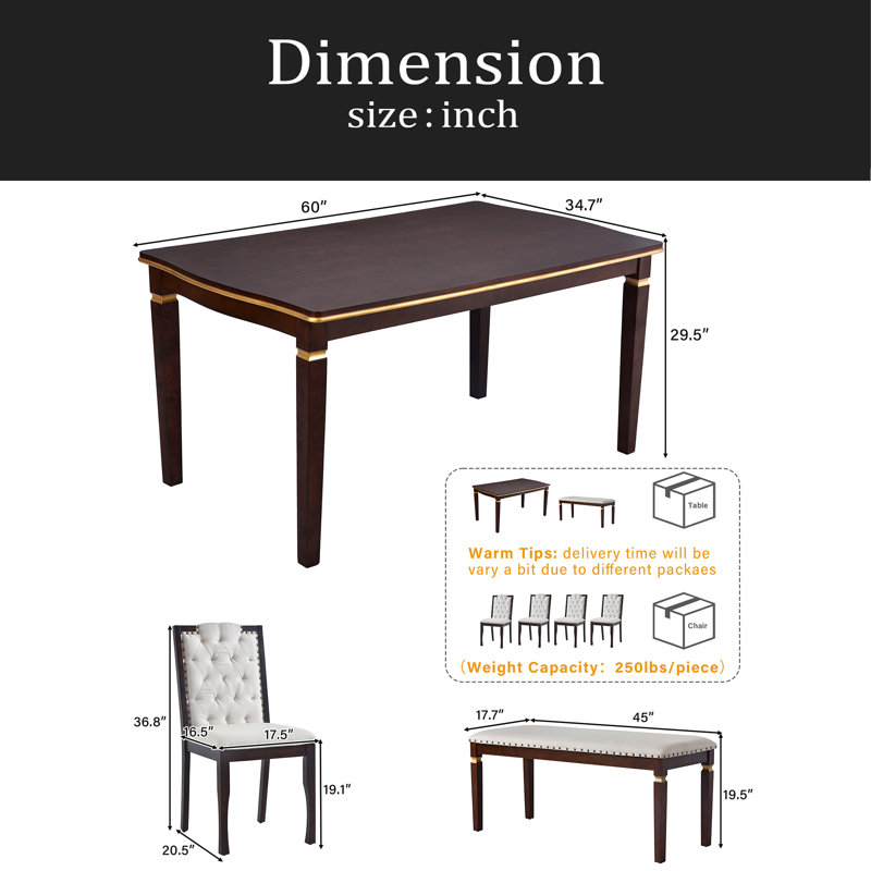 6-Piece Kitchen Dining Table Set, 60" Rectangular Table And 4 High-Back Tufted Chairs & 1 Bench For Dining Room And Kitchen