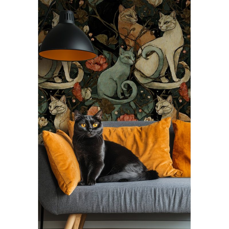 Vintage Cat and Floral Wallpaper in Black Green and Coral Tones