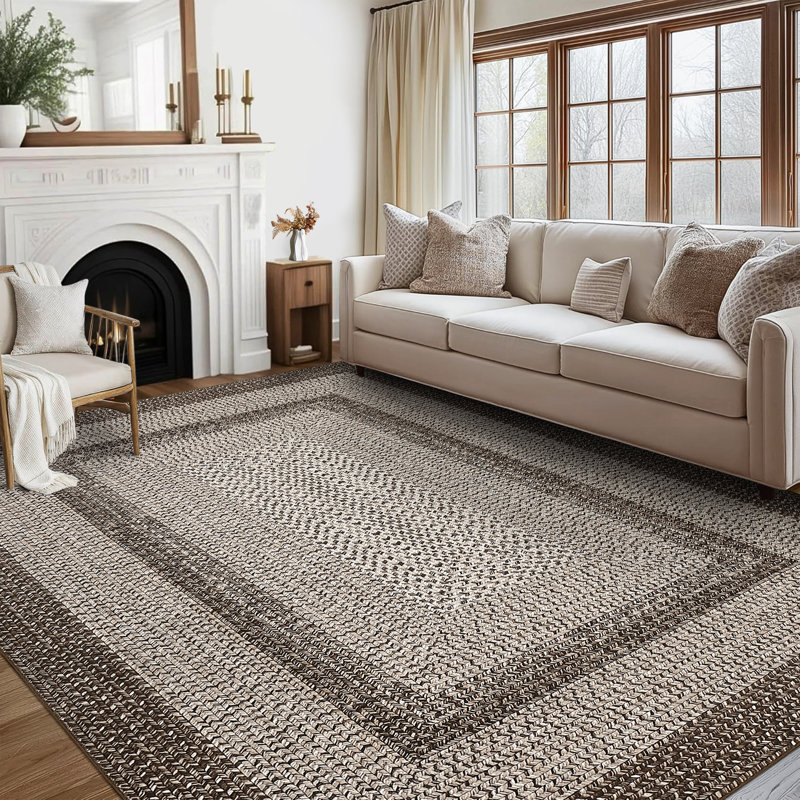 Machine Washable Non-Slip Non-Shedding Area Rugs for Living Room, Farmhouse Printed Braided Bordered Carpet, Stain Resistant Thin Foldable Floor Cover for Nursery Dining Room