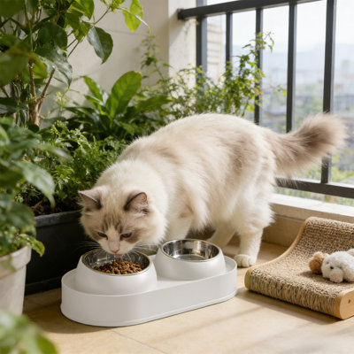 Mangeoire pour animaux en acier inoxydable à double cuve avec support, 15,75 x 8,66 x 4,72 pouces, blanc