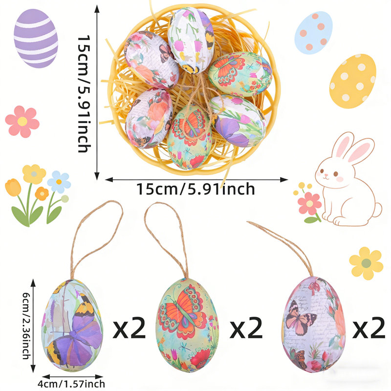 Ornement suspendu en forme d'œuf de Pâques pour décoration de fête printanière 12 œufs colorés avec panier, 12