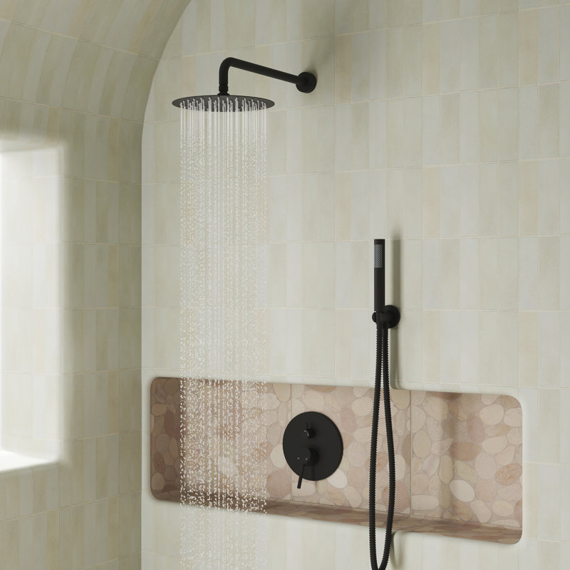 Système de douche complet à pression équilibrée avec pomme de douche à effet de pluie de 10 pouces, soupape à main, valve brute