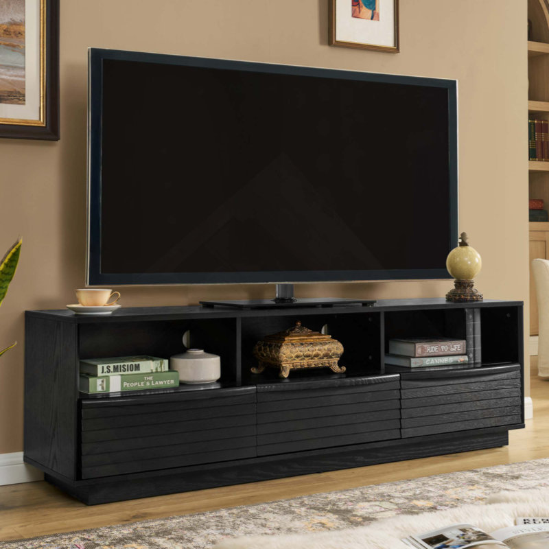 Mid-Century Modern TV Stand For Tvs Up To 75", Thick Sturdy Farmhouse Entertainment Cabinet, Media Console For Living Room, Louver Design & Solid Wood Drawers & Outlet Holes