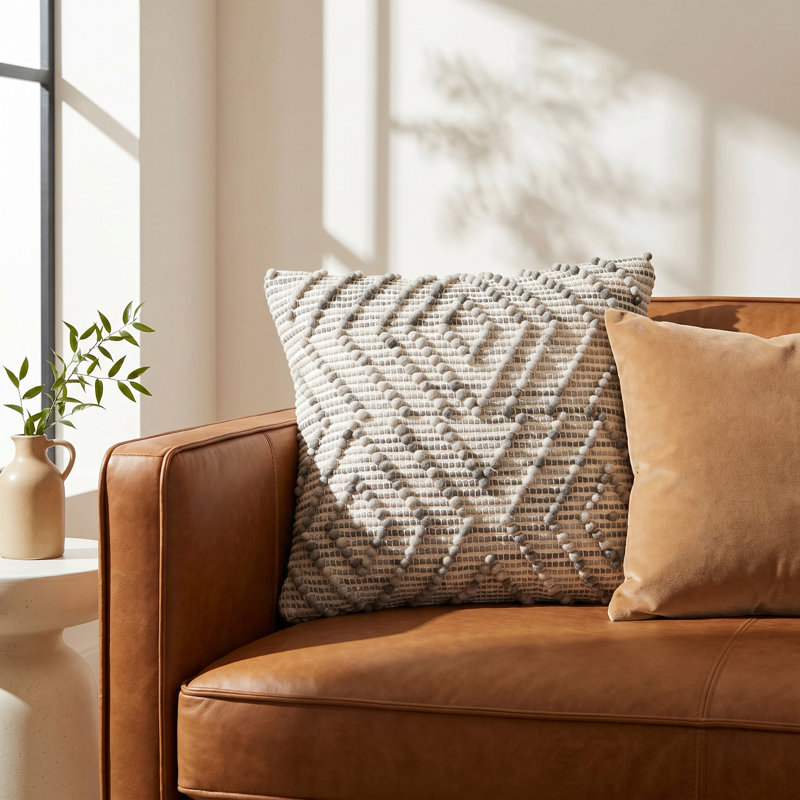 Cait Pom-poms Wool Blend Reversible Throw Pillow, Grey