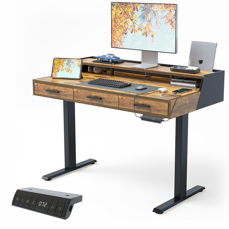 Bureau debout électrique 48 "avec tiroirs, Brun / Noir, L 48 po x P 26 po