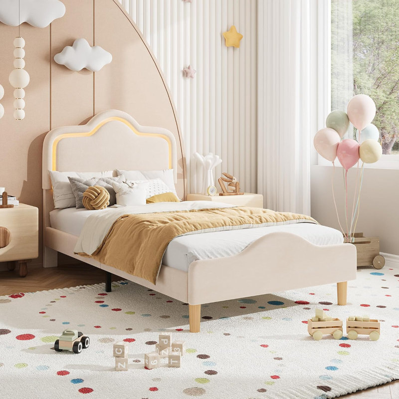Cadre de lit simple à DEL de taille très grande avec tête de lit réglable, lit plateforme en velours princesse pour enfants, lit lumineux à DEL avec lattes en bois et pied de lit, aucun sommier nécessaire