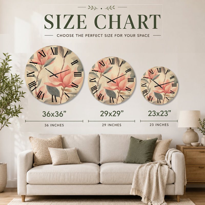 Fleur de magnolia rose - Horloge murale surdimensionnée à motif floral, imprimée sur bois, Médium