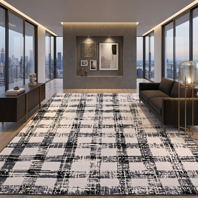 8x10 ft Washable Area Rug for Living Room - Geometric Grid Pattern Print Carpet, Soft Velvet, Non-Slip TPR Backing, Machine Washable, Black