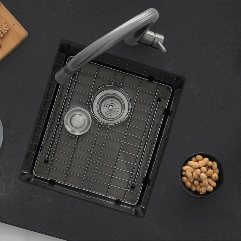 Bright 16" Single Bowl Undermount Kitchen Sink with Grid and Strainer, Noir graphite