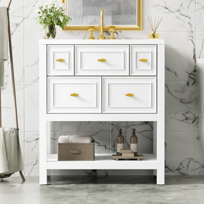 Armoire de meuble-lavabo autoportante 30 po avec lavabo en céramique, 5 tiroirs et une tablette ouverte