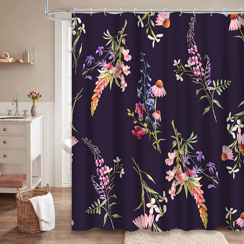 Rideau de douche aquarelle avec fleurs bleu sarcelle et 12 crochets, L 72 po x l 84 po