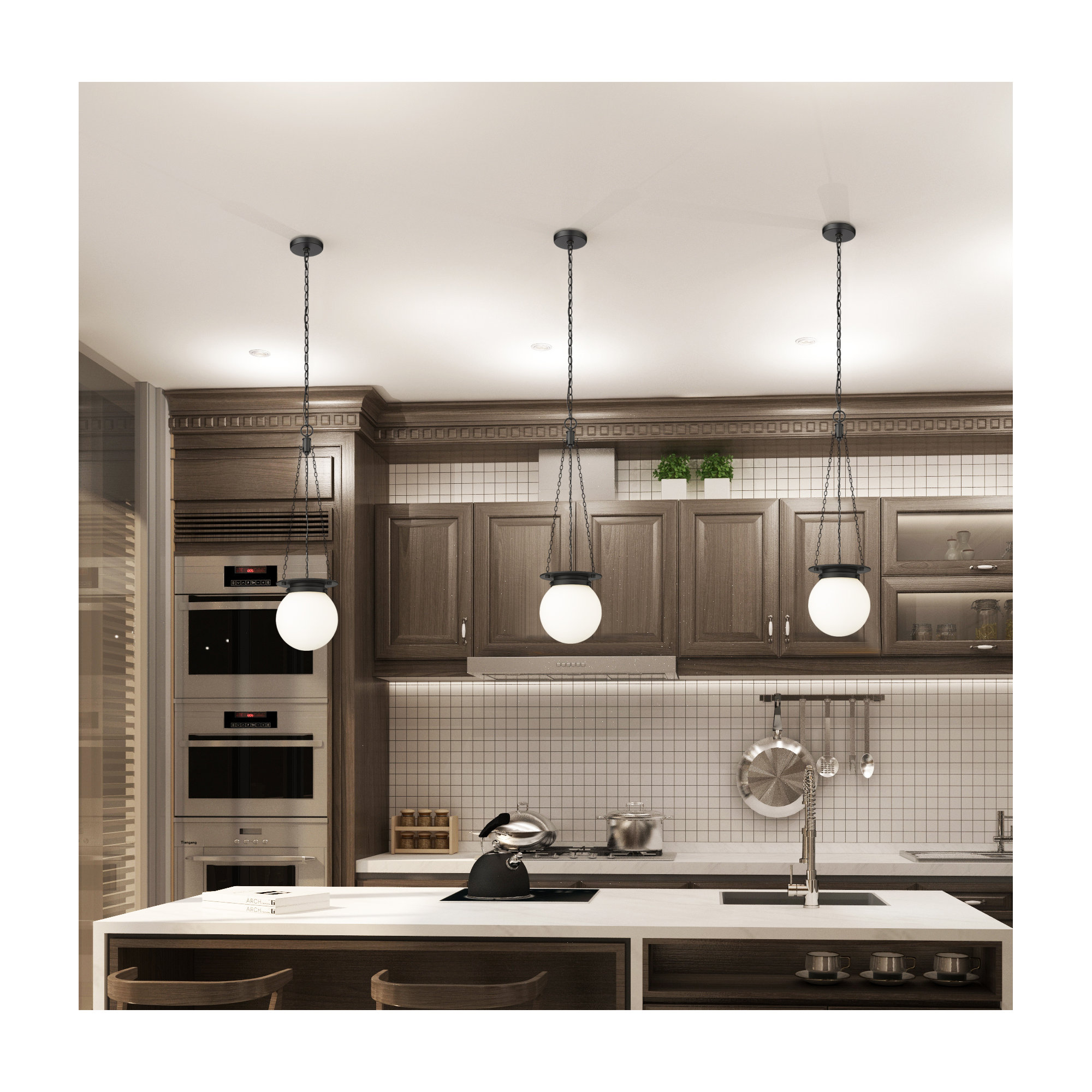 Zella Single Light Glass Dimmable Pendant, Matte Black, White, 82.75" H x 9" W x 9" D