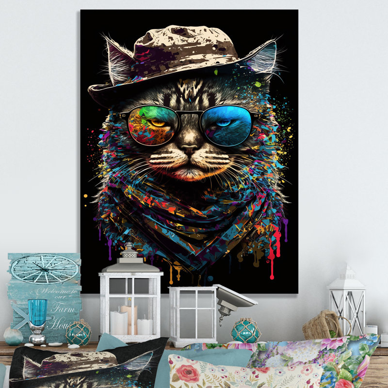 Chat bohémien avec lunettes de soleil III - reproduction sur toile, L 16 po x H 32 po, Toile tendue