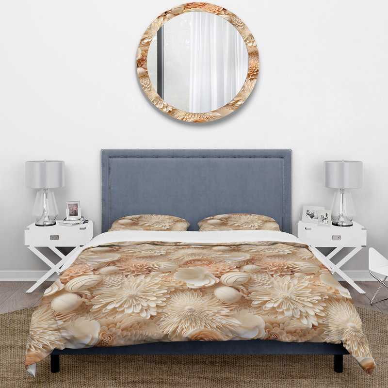 Seashell Lace Tropical Pattern Duvet Cover, King Duvet Cover + 2 King Shams