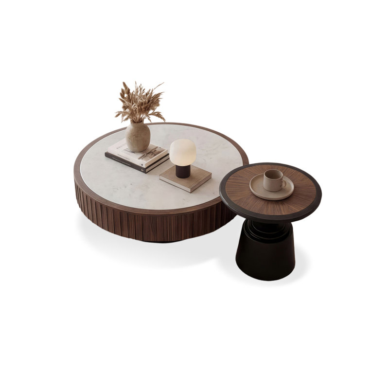Black&Walnut Sintered Stone + Solid Wood Round Coffee Table Sets