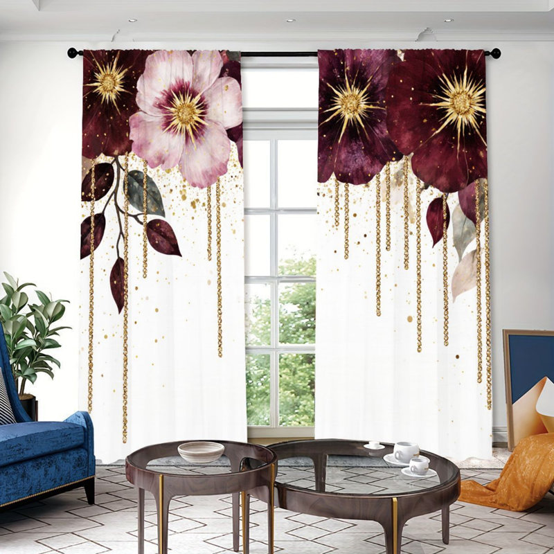 2PCS Luxurious Floral Style Decor Light Filtering Curtains with Burgundy and Pink Flowers, Gold Hanging Chains Pattern, Spring Refresh, Easy Hang Rod Pocket Design, All-Season for Home Living Room Bedroom Study Cabinet Decoration