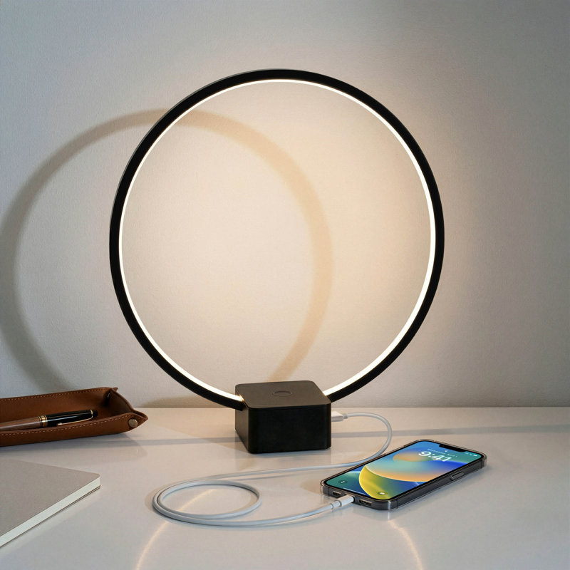 Lampe de table moderne à DEL intégrée avec gradateur à 3 voies et port de charge USB, finition noire Circle, Noir