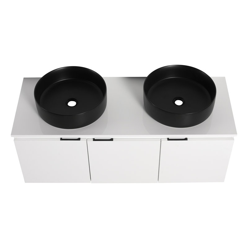  Ensemble de meuble-lavabo mural blanc moderne avec 3 portes et lavabo en céramique Dalmahoy, Noir