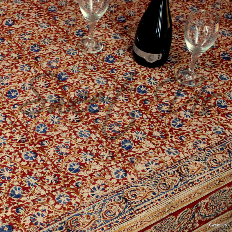 Handmade Red and Beige Cotton Floral Tablecloth 90" x 60"