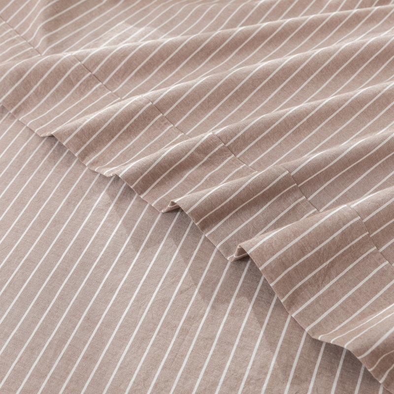 Ensemble de draps 100% coton lavé MooMee, Ensemble de draps pour très grand lit avec 2 taie, Rayures larges : Orange et blanc