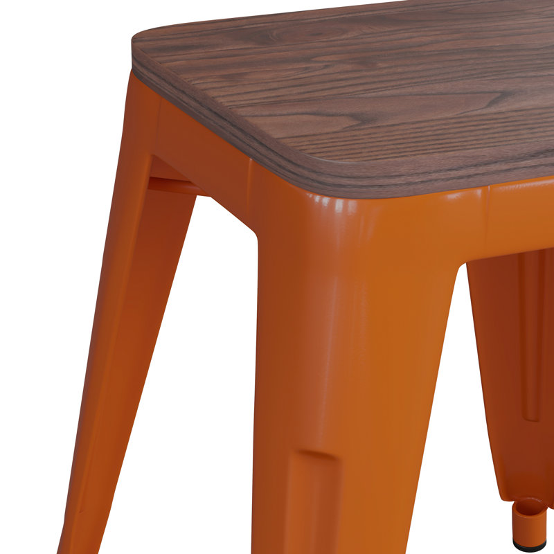 Alsadig 18" Table Height Indoor Stackable Metal Stool with Wood Seat, Orange