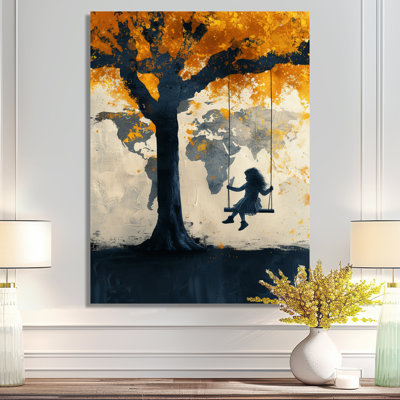 Jaune, jaune, carte du monde, aire de jeux Silhouette I - carte du monde, art mural