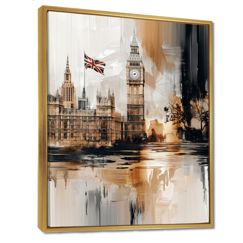 Art sur toile Big Ben Glow In England II, H 32 po x l 16 po, Reproduction avec cadre flottant, Doré
