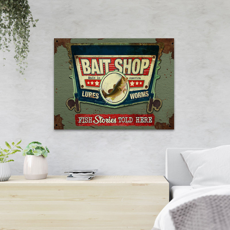 Fish On Bait Shop Poster - Fish Stories Told Here - Wrapped Canvas Rectangle Graphic Art Print, 11" H x 14" W x 2" D
