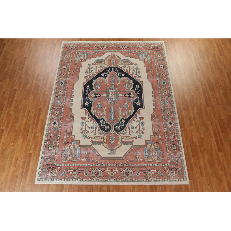 Tapis beige / ivoire / rouge rouille en laine noué à la main de conception unique 9 pi x 11 pi 9 po