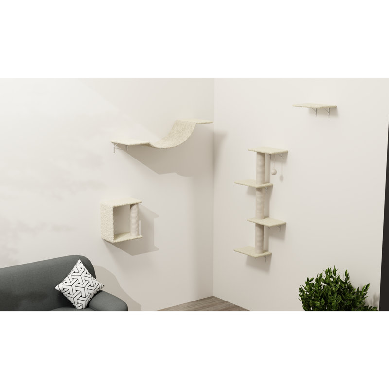 Meuble pour chat 4 pièces avec tablettes, pont, marches et arbre en corde, fabrication de panneaux de particules, structure verticale peu encombrante, mur de bricolage personnalisable, conception facile à installer et réglable