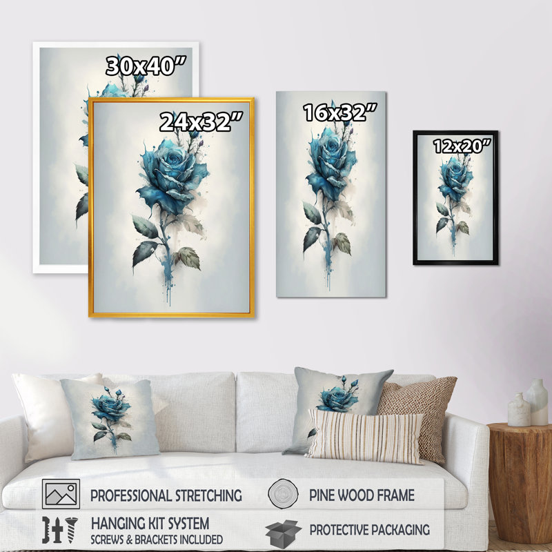 «Blue Rose with Thorns», reproduction sur toile, Impression noire sur toile encadrée, L 30 po x H 40 po