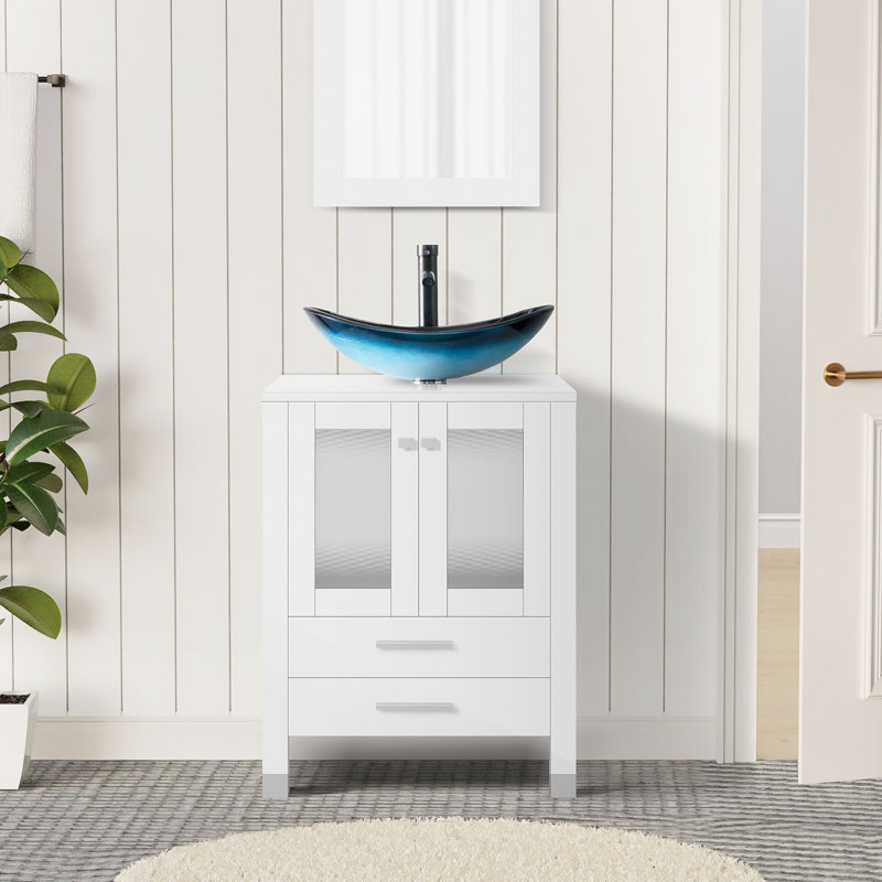 Ensemble de meuble-lavabo simple 24 po avec plateau en contreplaqué et pieds en bois massif , Bleu, Blanc