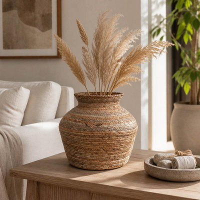 Vase de table en feuille de bananier naturelle pour une décoration intérieure de style bord de mer - Grand vase à fleurs au design moderne en forme de sablier, idéal pour le salon - Beige et marron