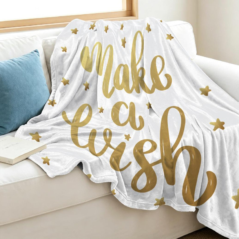 Jeté en flanelle dorée ultra douce, imprimé «Make Wish» d'un seul côté, Throw 40" x 50"