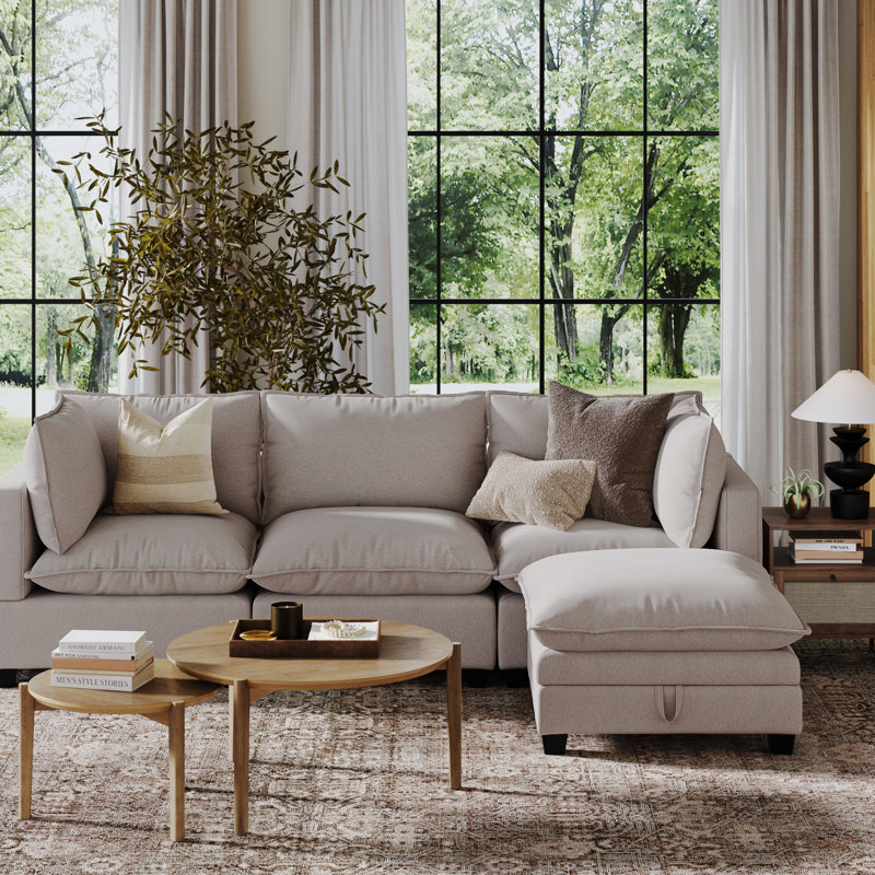 Modern Cloud Ottoman With Storage, Chelsea Beige Polyester