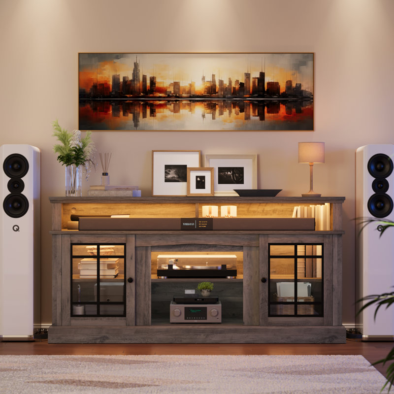  65"W LED TV Stand, Farmhouse Entertainment Center With Adjustable Shelves And Glass Doors, Gray