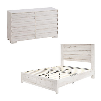  Farmhouse 2 Piece Full Bedroom Set, Platform Bed And 6 Drawer Dresser, White