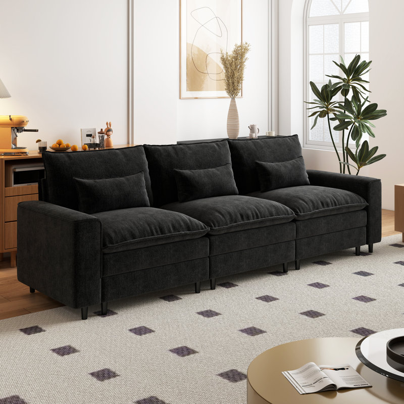 Canapé modulaire moderne en chenille, 3, H 39,37 po x l 121,26 po x P 35,83 po, Noir