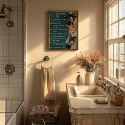 Goat, Giraffe And Sheep - Bathroom Rules… - 1 Piece Rectangle Graphic Art Print On Wrapped Canvas